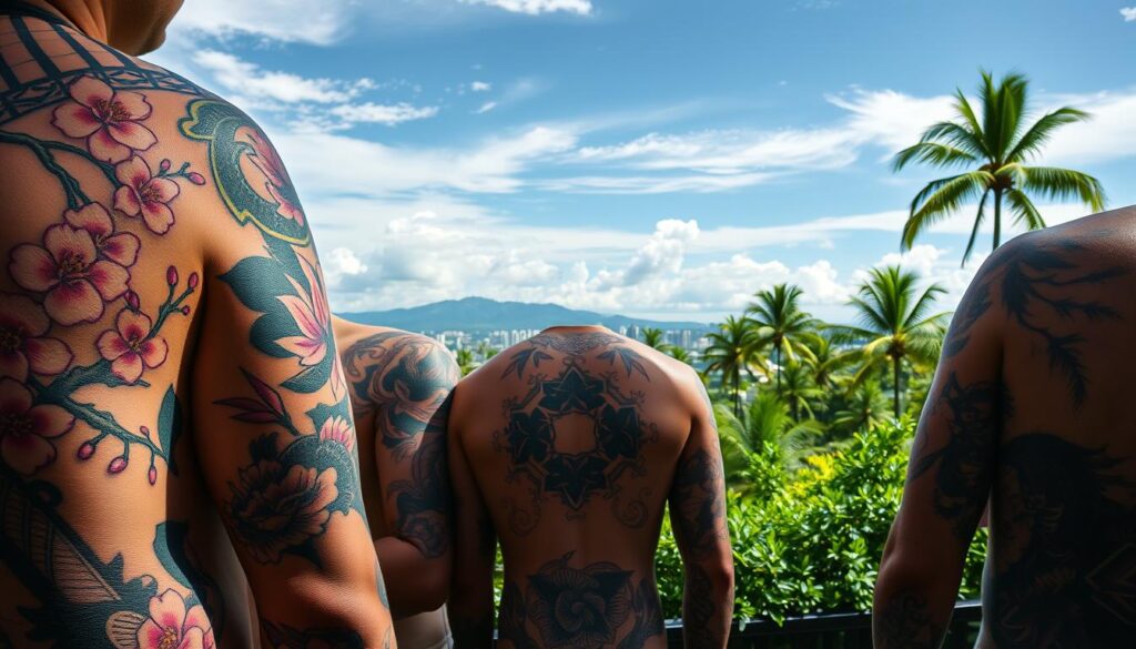 A vibrant tapestry of tattoo styles in Singapore, showcasing the diverse artistic expressions of the city's tattoo culture. In the foreground, intricate Asian-inspired designs featuring delicate cherry blossoms, fierce dragons, and bold calligraphic motifs. In the middle ground, sleek minimalist lines and geometric patterns reflecting the modern urban aesthetic. In the background, a lush tropical landscape with swaying palm trees, hinting at the island's natural beauty that inspires many tattoo artists. Dramatic lighting casts dramatic shadows, creating depth and drama. Captured with a wide-angle lens to encompass the full breadth of Singapore's captivating tattoo artistry.