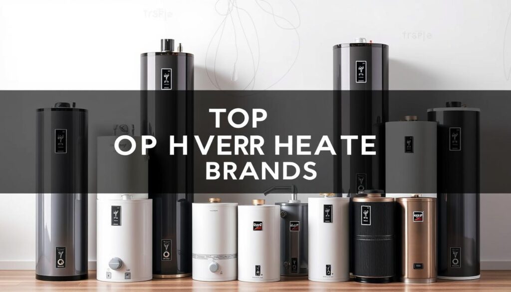 A visually striking collage of top water heater brands, showcasing their diverse designs and features against a clean, minimalist background. The foreground features a carefully curated selection of high-quality water heater models, each captured from an optimal angle with natural lighting to highlight their unique shapes, textures, and finishes. The middle ground includes subtle brand logos or wordmarks, subtly integrated to provide context without distracting from the primary focus. The background features a soft, gradient-based color scheme, creating a sense of depth and adding a touch of elegance to the overall composition. The final image should convey a sense of professionalism, quality, and attention to detail, reflecting the high-end nature of the water heater brands featured.