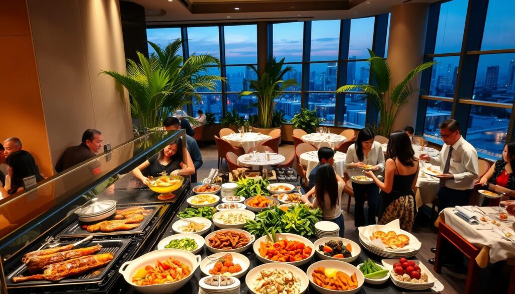A warm, cozy dinner buffet setting in a modern, upscale restaurant in Singapore. The foreground features a lavish display of culinary delights - sizzling roasted meats, steaming seafood dishes, colorful salads, and an assortment of decadent desserts. Guests are gathered around the buffet, plates in hand, engaged in lively conversation. Soft, ambient lighting casts a golden glow, creating an inviting atmosphere. In the middle ground, neatly set tables with crisp linens and elegant place settings are surrounded by lush, tropical foliage. The background showcases the restaurant's sleek, contemporary interior design, with floor-to-ceiling windows offering a panoramic view of the city skyline at dusk. The overall scene exudes an air of refined sophistication, encouraging diners to savor the culinary experience and enjoy the company of family and friends.