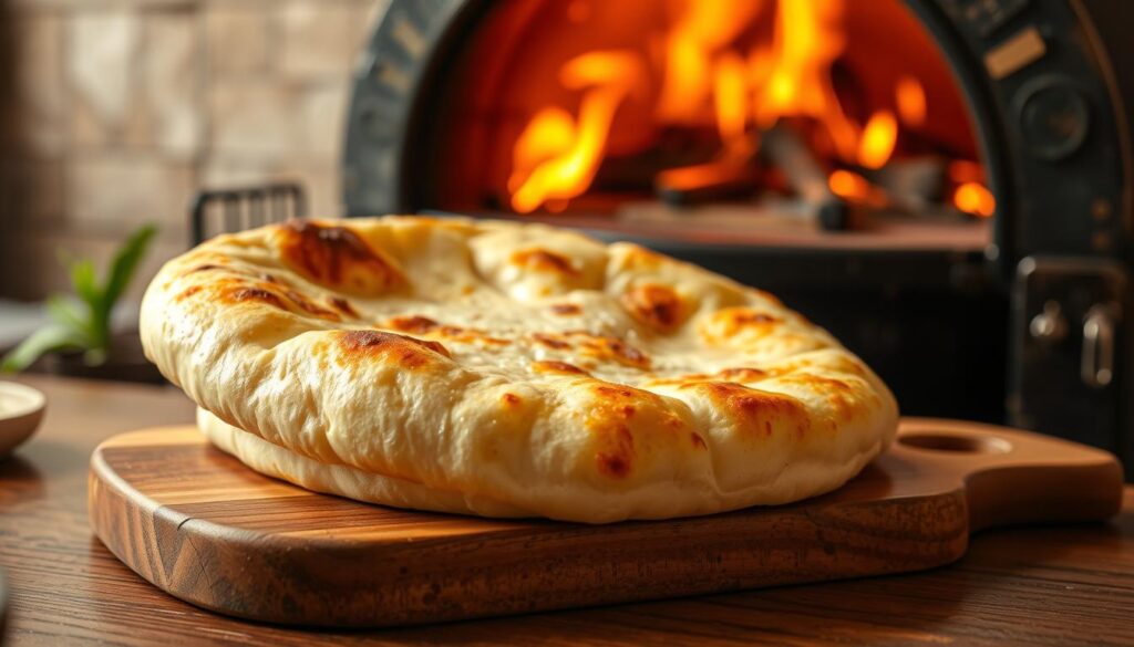 A warm, freshly baked butter naan resting on a wooden board, its golden-brown crust glistening under the soft, diffused lighting. The naan's pillowy texture and crisp edges are clearly visible, inviting the viewer to imagine tearing off a piece and savoring its buttery, slightly charred flavor. In the background, a traditional tandoor oven stands, its fiery embers hinting at the intense heat used to create this authentic Indian delicacy. The scene evokes the comforting atmosphere of a cozy neighborhood tandoori restaurant, where the aroma of spices and freshly baked bread fills the air.