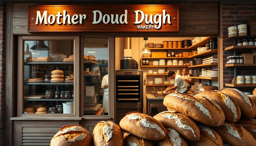 A warm, inviting bakery storefront with the sign "Mother Dough Bakery" prominently displayed. The facade is made of weathered wood and brick, with large windows showcasing an array of freshly baked breads, pastries, and other delectable offerings. The interior is bathed in soft, natural lighting, with a rustic, cozy ambiance. In the foreground, a display of crusty artisanal loaves, their crusts glistening, invites passersby to step inside. The middle ground features the bustling activity of bakers, kneading dough and sliding trays of baked goods into a vintage-style oven. In the background, shelves are stocked with an assortment of jams, spreads, and other baking supplies, completing the quintessential mom-and-pop bakery scene.