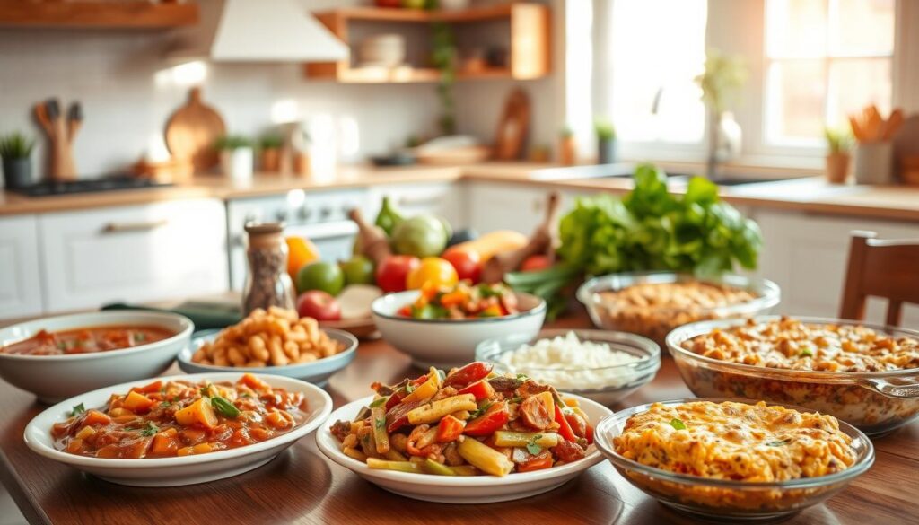 A warm, inviting kitchen scene with an array of affordable, home-cooked meals arranged on a wooden table. In the foreground, various dishes such as a hearty stew, a simple vegetable stir-fry, and a comforting casserole are presented, each serving as an example of a nutritious and cost-effective meal plan. The middle ground showcases fresh produce, spices, and cooking utensils, hinting at the preparation process. The background features a cozy, well-lit kitchen interior with natural lighting streaming in through the windows, creating a sense of comfort and accessibility. The overall atmosphere conveys the idea of affordable, wholesome meals that can be easily prepared for a family.