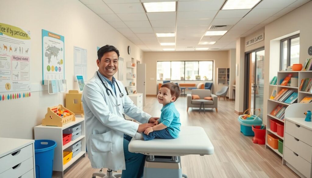 A warm, inviting pediatric clinic with a soothing, pastel color palette. In the foreground, a smiling pediatrician examining a young patient on an examination table, surrounded by educational posters, toy shelves, and medical equipment. The middle ground features a welcoming waiting area with comfortable seating, toy bins, and informative brochures. The background showcases an open, airy space with large windows, allowing natural light to flood the room. The overall atmosphere exudes a sense of professionalism, care, and a child-friendly environment, perfectly capturing the essence of comprehensive pediatric services.