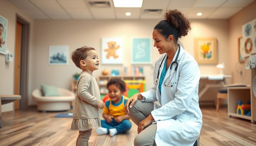 A warm, inviting pediatric clinic with muted tones and natural lighting. In the foreground, a caring doctor in a white coat kneels beside a smiling child, engaging them with a gentle, attentive manner. In the middle ground, a colorful play area with toys and books, creating a relaxing, child-friendly atmosphere. The background features soothing wall art, comfortable seating, and medical equipment subtly integrated into the space, conveying a sense of professionalism and expertise. The overall scene exudes a feeling of trust, comfort, and personalized care, reflecting the ideal qualities of a skilled and compassionate pediatrician.