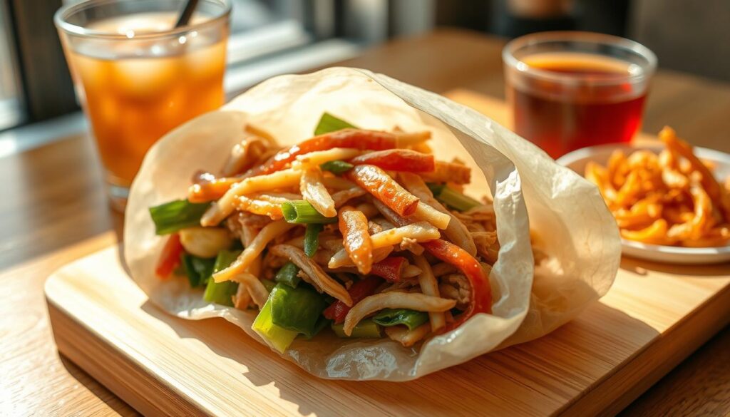 A warm, sunlit close-up of a freshly made kway guan huat popiah, its thin, delicate skin glistening and translucent, revealing the vibrant filling of stir-fried vegetables, tender shredded pork, and a drizzle of sweet sauce. The popiah is placed on a simple wooden board, with a glass of iced tea and a small plate of crisp, golden-fried shallots nearby, evoking the casual, homey atmosphere of a traditional Singaporean coffee shop. The lighting is natural and soft, casting gentle shadows and highlighting the intricate textures of the dish.