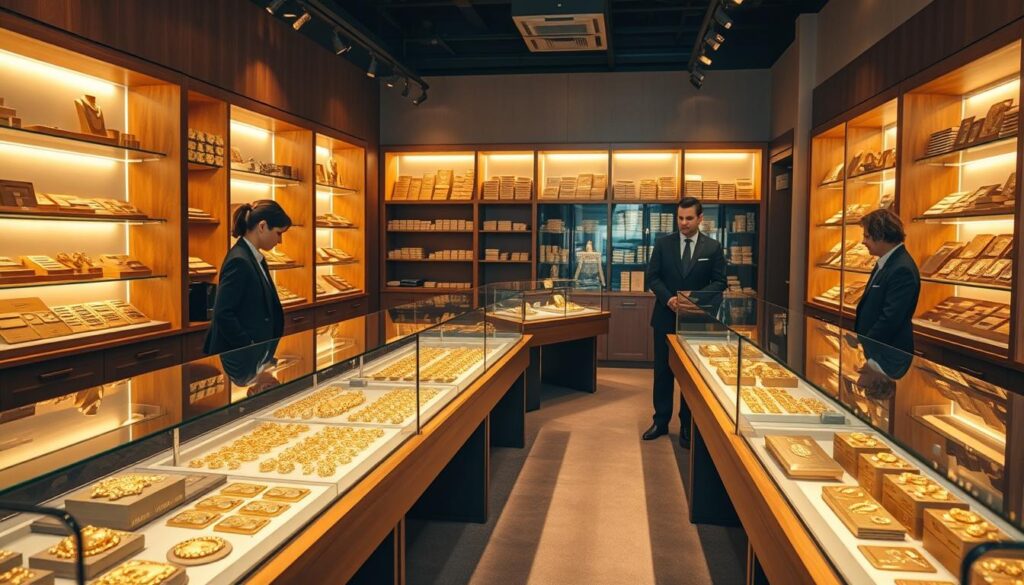 A well-lit and inviting interior of a trusted gold shop. The sleek, polished wooden countertops display a variety of gleaming gold jewelry and coins, arranged with care and precision. The shop's display cases are illuminated by warm, soft lighting, creating a comfortable and luxurious atmosphere. In the background, shelves line the walls, showcasing an impressive collection of gold bars and other precious metal products. The floor is covered in a plush, neutral-toned carpet, adding to the sense of quality and professionalism. The shop's employees are dressed in smart, uniform attire, conveying a sense of expertise and reliability. The overall scene exudes a feeling of trust, reliability, and attention to detail.