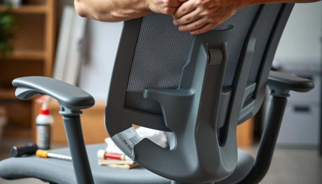 A well-lit, close-up view of an ergonomic office chair undergoing maintenance. In the foreground, a person's hands are carefully adjusting the chair's lumbar support mechanism, fine-tuning the tension and positioning for optimal back comfort. The chair's sleek, modern design is highlighted, with muted tones and clean lines. In the middle ground, various tools and supplies for chair maintenance, such as a screwdriver, lubricant, and a clean cloth, are neatly arranged. The background is blurred, creating a sense of focus on the detailed work being performed. The overall atmosphere conveys a sense of diligence and care in preserving the longevity and functionality of the ergonomic chair.