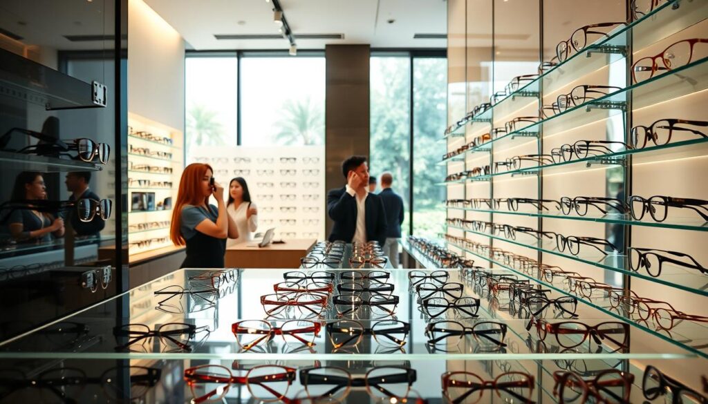 A well-lit display of an array of eyewear options in a modern, minimalist optical shop in Singapore. In the foreground, an assortment of trendy, designer frames in various shapes, sizes, and colors are neatly arranged on sleek glass shelves. The middle ground showcases customers trying on different styles, their faces reflected in the polished surfaces. The background features a serene, airy ambiance with large windows allowing natural light to flood the space, creating a warm, inviting atmosphere. The overall scene conveys a sense of style, sophistication, and an exceptional shopping experience for discerning eyewear enthusiasts in Singapore.