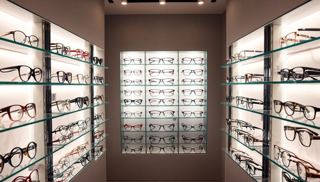 A well-lit display of various eyewear options, showcasing a diverse selection of stylish frames. Sleek glass shelves highlight the frames, casting subtle shadows that add depth and dimension. The foreground features an array of contemporary and timeless designs in materials like acetate, metal, and rimless. In the middle ground, the lighting accentuates the intricate details and colors of the frames, inviting closer inspection. The background sets a sophisticated tone with muted tones, creating a serene and inviting atmosphere for customers to browse and find their perfect pair of glasses.