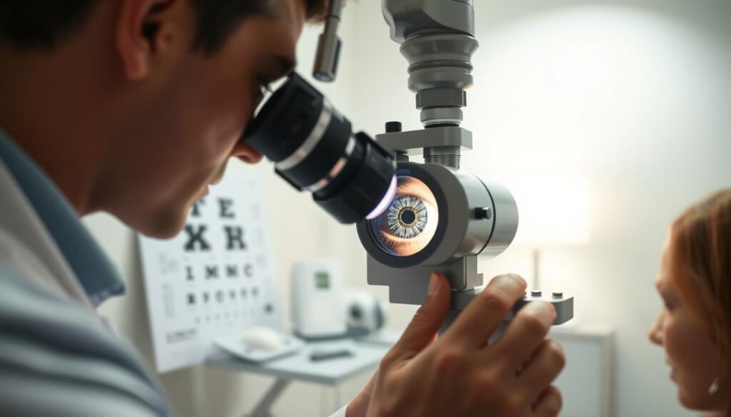 A well-lit examination room, clean and clinical in appearance. In the foreground, a patient's eye is being carefully examined by an ophthalmologist using a slit-lamp microscope, the bright beam of light illuminating the intricate details of the iris and cornea. The doctor's face is focused, their hands steady as they meticulously inspect the eye. In the middle ground, medical equipment such as an eye chart and various diagnostic tools are neatly arranged, conveying a sense of professionalism and expertise. The background is blurred, but suggests a modern, well-equipped medical facility, with soft, ambient lighting that creates a calming, reassuring atmosphere.