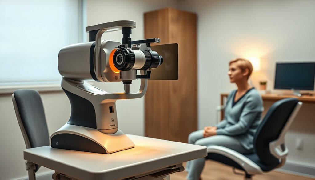 A well-lit examination room, with a sleek, modern eye screening device prominently displayed on a sturdy medical table. A patient sits comfortably in an ergonomic chair, their eyes focused and attentive as the ophthalmologist carefully conducts a comprehensive assessment, meticulously examining the delicate structures of the eye through the device's advanced lenses and sensors. The room is adorned with soothing, neutral tones, creating a calming and professional atmosphere that instills trust and confidence in the patient. The overall scene conveys the importance of regular eye screenings, highlighting the advanced technology and expertise of the healthcare professionals dedicated to ensuring optimal vision and eye health.