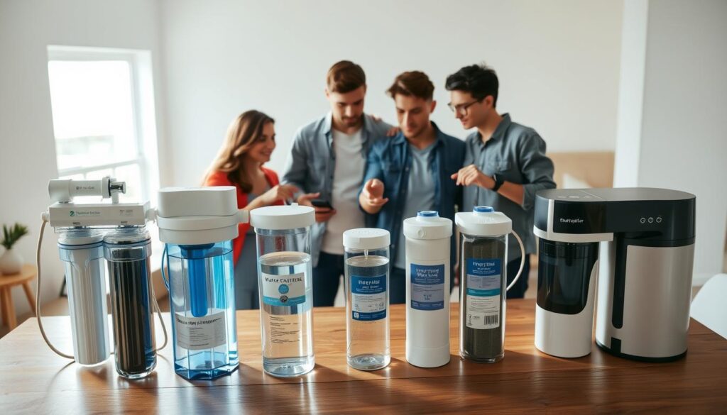 A well-lit, high-angle photograph of a family examining and comparing different water filtration systems on a wooden table. In the foreground, an array of water purifier models, including a reverse osmosis system, a gravity-fed filter, and a countertop unit, with their features and specifications displayed. The middle ground shows the family, dressed in casual attire, engaged in a thoughtful discussion, pointing to the various systems and considering their options. The background features a clean, minimalist interior, with soft natural lighting streaming in from a window, creating a warm, inviting atmosphere.