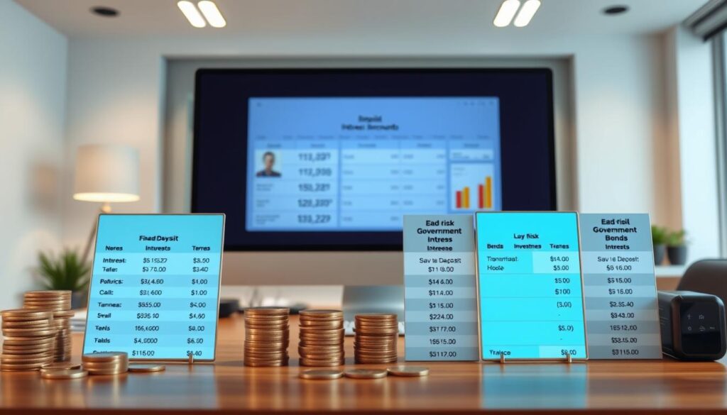 A well-lit, high-resolution image of a clean, modern desktop with a variety of financial instruments arranged in a visually appealing comparison. In the foreground, an array of fixed deposit investment accounts, with their respective interest rates, terms, and minimum balances prominently displayed. In the middle ground, a selection of other low-risk investment options, such as savings accounts and government bonds, presented in a clear, side-by-side format. The background should depict a serene, professional office setting, with minimalist decor and neutral tones to maintain a focus on the financial data. The overall composition should convey a sense of clarity, organization, and informed decision-making for the viewer.