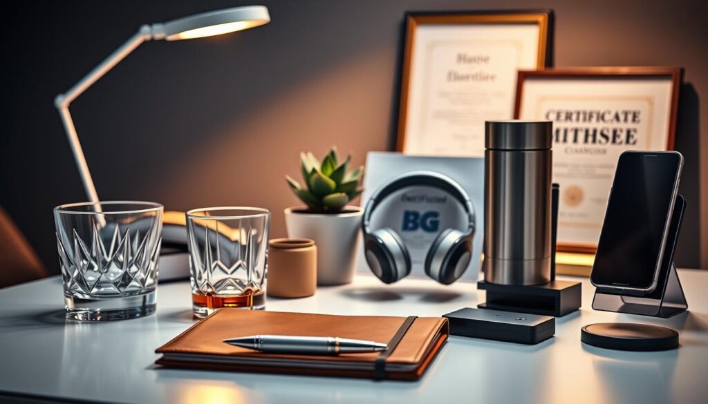 A well-lit, high-resolution image of a variety of corporate gifts arranged on a sleek, modern office desk. In the foreground, a premium leather-bound notebook, a crystal whiskey tumbler, and a high-end pen set. In the middle ground, a set of noise-canceling wireless headphones, a potted succulent plant, and a sleek stainless steel thermos. In the background, a minimalist desk lamp, a framed corporate certificate, and a smartphone docked in a wireless charging stand. The lighting is soft and warm, creating a professional, elegant atmosphere that highlights the quality and thoughtfulness of the corporate gift selection.