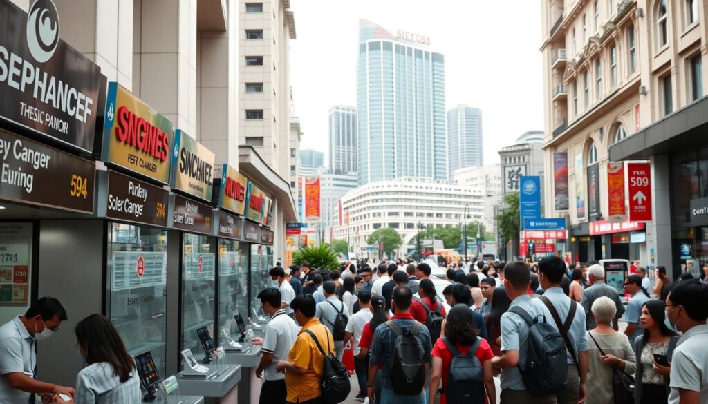 A well-lit, high-resolution photograph of a group of arcade money changers in a bustling central Singapore setting. The foreground features a row of professional-looking money changers behind tellers' counters, each displaying a variety of different currencies and exchange rates. The middle ground shows a diverse crowd of customers, some exchanging money, others waiting patiently in line. The background depicts the iconic architecture and vibrant street life of Singapore's downtown district, with a mix of pedestrians, vehicles, and recognizable landmarks. The scene conveys a sense of efficiency, convenience, and the multicultural energy of the city's financial heart.