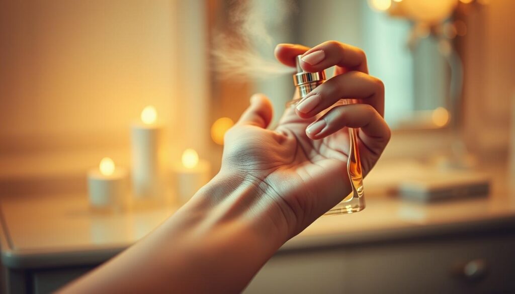 A well-lit, high-resolution photograph of a person's hand and wrist, showing the proper technique for applying perfume. The hand is holding a glass perfume bottle, with the atomizer spraying a light, mist-like cloud of fragrance onto the inner wrist. The foreground is in sharp focus, with a soft, blurred background that suggests an elegant, luxurious setting, such as a vanity or dressing table. The lighting is warm and flattering, with a touch of sparkle or shimmer to evoke the essence of the perfume. The overall mood is one of refinement, sophistication, and the simple pleasure of personal fragrance.