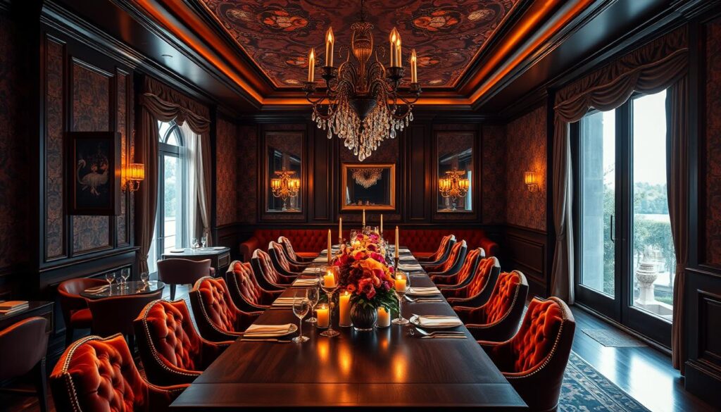 A well-lit, luxurious themed dining room with a striking visual aesthetic. Elegant velvet-upholstered chairs surround a long wooden table, adorned with candles and a cascading floral centerpiece. Ornate chandeliers cast a warm, ambient glow, while large windows allow natural light to filter in, creating a captivating play of shadows and highlights. The walls are adorned with intricate wallpaper patterns or rich, textured finishes that complement the overall theme, transporting diners to a unique and immersive culinary experience.