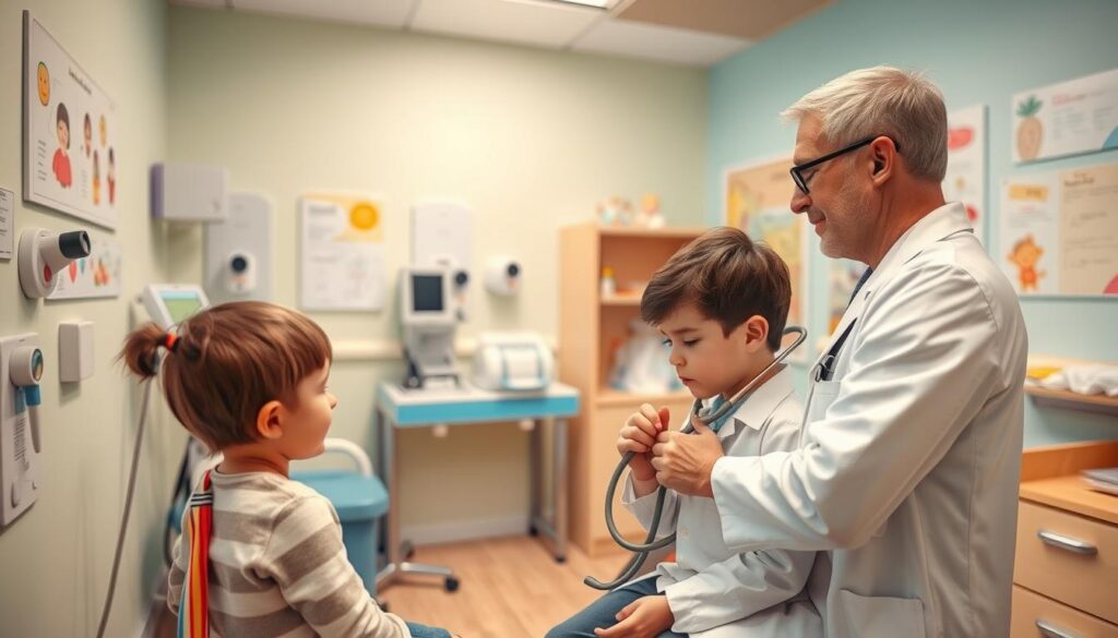 A well-lit medical examination room, with a cozy and welcoming atmosphere. In the foreground, a pediatrician in a white coat examining a young patient, gently using a stethoscope to listen to their heartbeat. In the middle ground, various medical equipment and tools used to diagnose and treat common childhood conditions, such as otoscopes, thermometers, and tongue depressors. In the background, soothing pastel-colored walls adorned with cheerful illustrations and educational posters, creating a calming and reassuring environment for the patients. The scene is captured with a warm, soft-focus lens, emphasizing the care and attention given to the child's well-being.