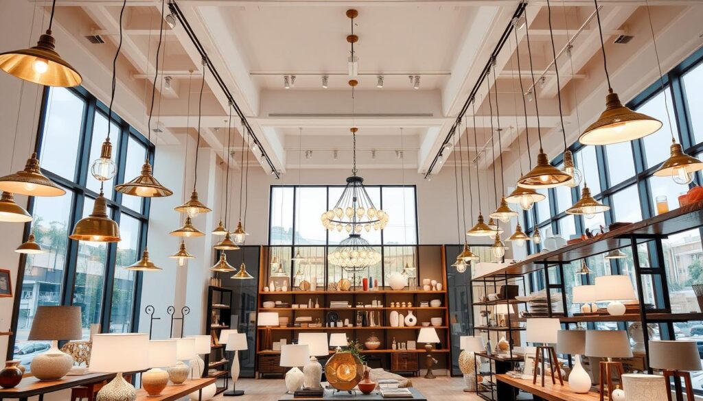 A well-lit, modern lighting shop showcasing an array of sleek pendant lights, floor lamps, and table fixtures in a minimalist, airy interior. Highlighting clean lines, sophisticated materials like brass and glass, and diffused, warm illumination. Positioned at eye-level, the viewer can appreciate the thoughtful product displays and striking architectural features like high ceilings and large windows. An atmosphere of style, quality, and attention to design details that exemplify the best lighting shops in Singapore. A well-lit, modern lighting shop showcasing an array of sleek pendant lights, floor lamps, and table fixtures in a minimalist, airy interior. Highlighting clean lines, sophisticated materials like brass and glass, and diffused, warm illumination. Positioned at eye-level, the viewer can appreciate the thoughtful product displays and striking architectural features like high ceilings and large windows. An atmosphere of style, quality, and attention to design details that exemplify the best lighting shops in Singapore.