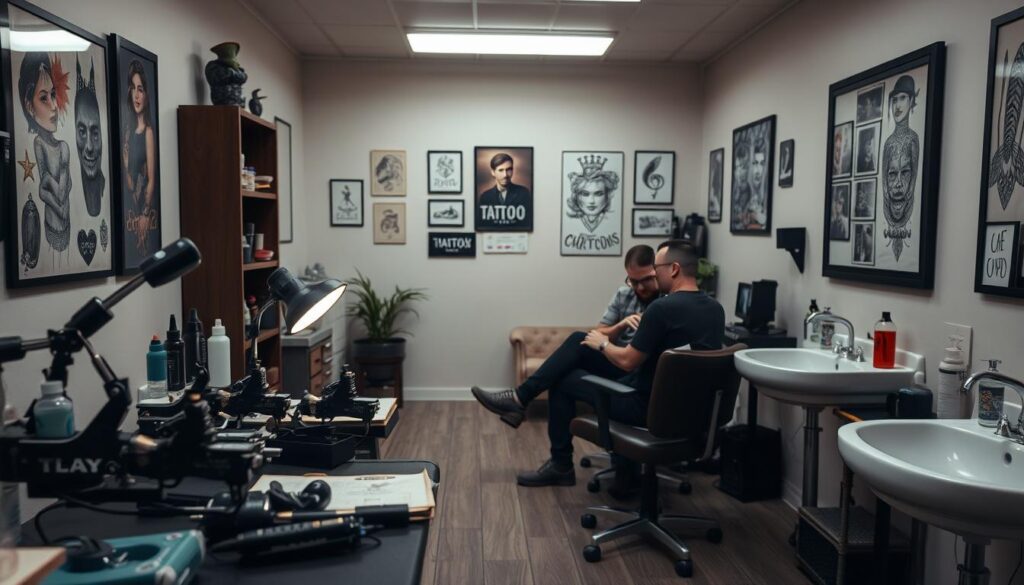 A well-lit tattoo studio with a cozy, relaxed atmosphere. In the foreground, an artist's workstation features a variety of tattoo guns, inks, and sterilized equipment. In the middle ground, a client sits comfortably, discussing the design with the artist, surrounded by inspirational tattoo flash art on the walls. The background depicts a clean, hygienic space with a sink for handwashing and a comfortable waiting area. Soft, diffused lighting creates a soothing, professional ambiance. Convey the sense of anticipation and trust as the client prepares for their meaningful new tattoo.