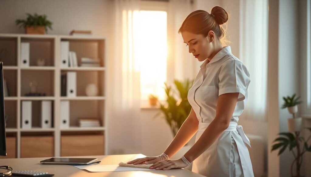 A well-organized office space with a professional maid in a crisp white uniform, carefully dusting and tidying up the area. The lighting is warm and natural, casting a cozy glow over the scene. In the background, a neatly organized bookshelf and minimalist decor create a sense of order and attention to detail. The maid's movements are fluid and efficient, conveying a seamless, consistent service experience. The overall atmosphere is one of calm, competence, and a commitment to maintaining a pristine environment.