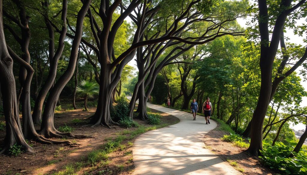A winding trail winds through the lush, verdant foliage of Pulau Ubin, Singapore's rustic island oasis. Sunlight filters through the towering canopy of ancient trees, casting a warm, golden glow over the weathered paths. In the distance, the gentle lapping of waves against the rocky shore can be heard, creating a tranquil, almost timeless atmosphere. Hikers meander along the trail, taking in the serene sights and sounds of this unique, off-the-beaten-path destination. The scene evokes a sense of stepping back in time, transporting the viewer to a bygone era of simplicity and natural wonder.