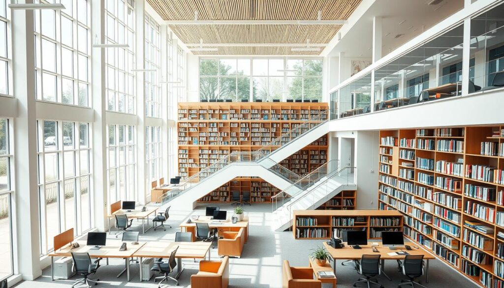 An airy, modern library interior with ample natural light filtering through floor-to-ceiling windows. Ergonomic study desks and comfortable armchairs are arranged in open, collaborative zones. Modular shelving units house an eclectic selection of books, periodicals, and digital devices. A central, circular staircase leads to a mezzanine level with additional seating areas and technology-enabled workspaces. The overall atmosphere is one of inspiration and intellectual exploration, with clean lines, warm wood tones, and subtle pops of color creating an inviting, innovative learning environment. An airy, modern library interior with ample natural light filtering through floor-to-ceiling windows. Ergonomic study desks and comfortable armchairs are arranged in open, collaborative zones. Modular shelving units house an eclectic selection of books, periodicals, and digital devices. A central, circular staircase leads to a mezzanine level with additional seating areas and technology-enabled workspaces. The overall atmosphere is one of inspiration and intellectual exploration, with clean lines, warm wood tones, and subtle pops of color creating an inviting, innovative learning environment.