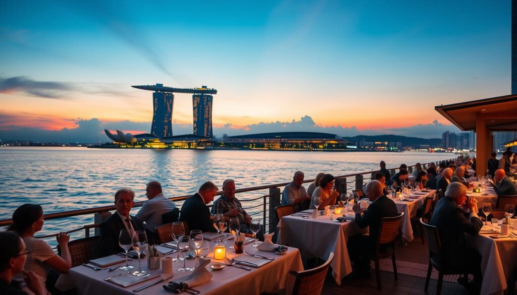 An elegant waterfront dining scene at Marina Bay, Singapore. The foreground features a charming open-air restaurant with white-clothed tables, fine stemware, and impeccably dressed patrons enjoying a leisurely meal. The middle ground showcases the glimmering waters of the bay, reflecting the vibrant colors of the evening sky. In the background, the iconic Marina Bay Sands hotel and observation deck rise majestically, bathed in a warm, golden glow from the setting sun. Subtle shadows, soft ambient lighting, and a slight haze create a serene, romantic atmosphere, inviting the viewer to imagine themselves immersed in this picturesque waterfront oasis.