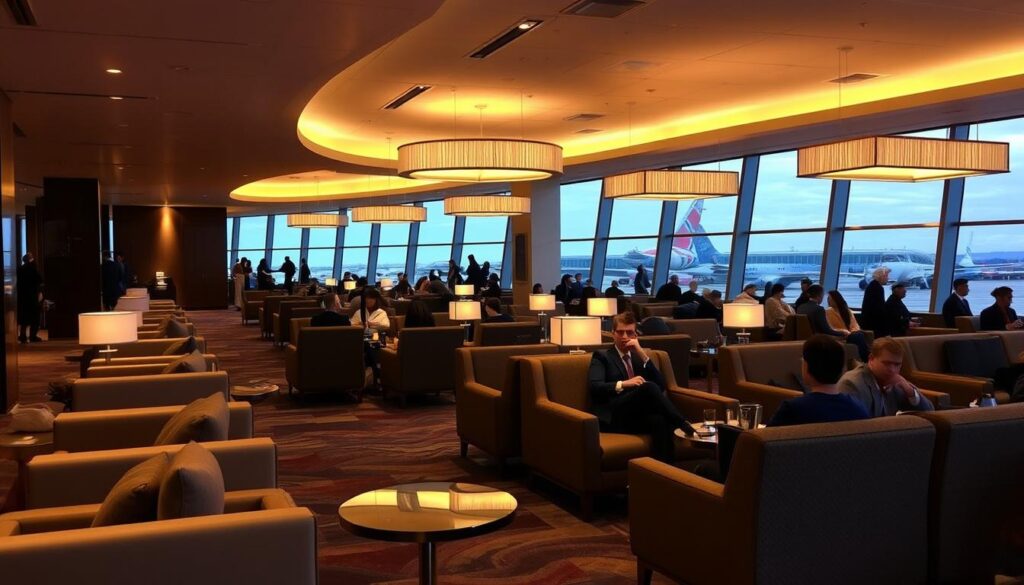An expansive, well-appointed lounge with sleek, modern decor and plush, comfortable seating. Soft, warm lighting casts a cozy ambiance, while large windows offer views of an elegant airport terminal. Smartly dressed travelers relax and recharge, sipping premium beverages and enjoying light refreshments. The atmosphere conveys a sense of exclusivity and first-class service, ideal for frequent flyers seeking a tranquil respite from the bustle of the main concourse.