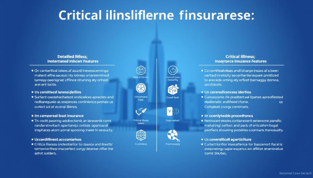 An expertly composed infographic featuring a side-by-side comparison of critical illness insurance plans. A clean, minimalist design with a cool color palette. In the foreground, detailed plan details and features are displayed in a crisp, easy-to-read format. The middle ground showcases stylized icons and data visualizations to highlight key plan differences. The background features a subtle, out-of-focus cityscape, conveying the serious, professional nature of the subject matter. Soft, directional lighting creates depth and emphasizes the comparative elements. An overall aesthetic that is informative, visually striking, and well-suited for an article on the topic of critical illness insurance.