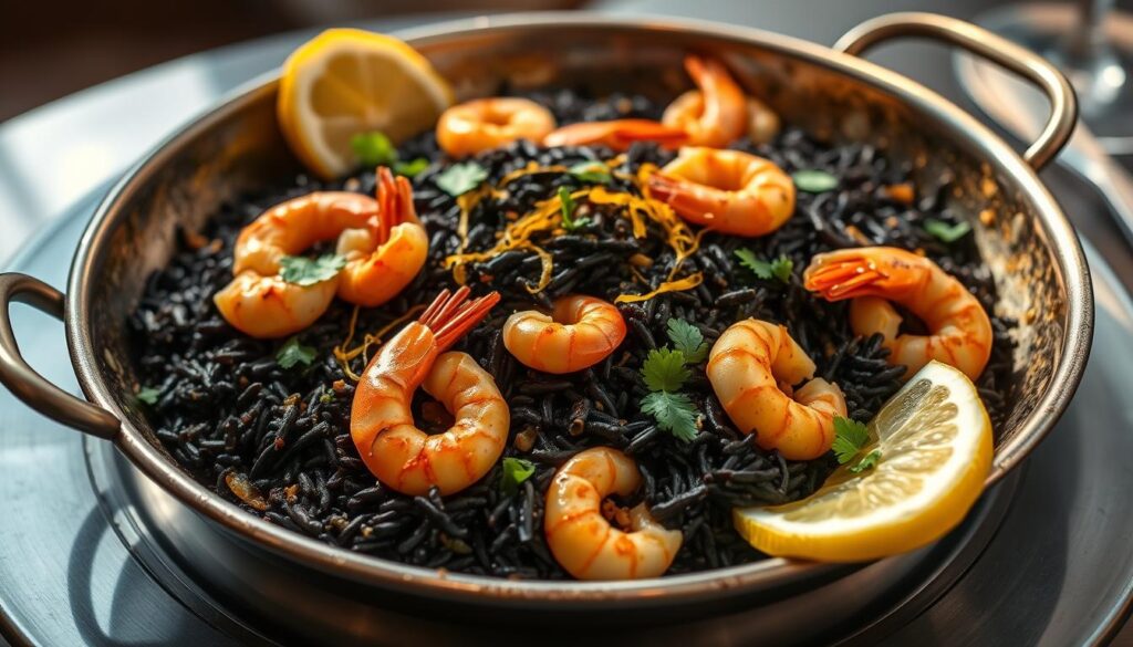 An exquisite dish of squid ink paella, its ebony-hued rice blanketed with tender calamari, plump prawns, and vibrant saffron threads. The paella simmers atop a polished steel pan, its edges crisp and caramelized, emitting an aroma of roasted garlic and toasted spices. Elegant plate presentation with a scattering of fresh parsley and lemon wedges, casting warm, golden light across the scene. The paella is the centerpiece of this intimate dining tableau, exuding an air of sophisticated Mediterranean charm befitting the top tapas restaurants of Singapore.