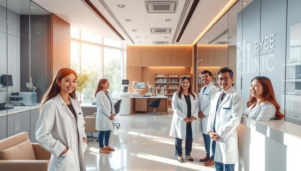 An eye clinic in Singapore, with a modern, clean, and welcoming interior. The reception area features sleek glass walls, a minimalist design, and comfortable seating for patients. In the background, state-of-the-art medical equipment and diagnostic tools are visible, hinting at the clinic's advanced capabilities. Warm, natural lighting filters through large windows, creating a calming atmosphere. Optometrists in crisp white coats greet patients with a friendly demeanor, exuding professionalism and expertise. The clinic's branding is discreetly displayed, communicating a sense of trust and reliability. An overall impression of a top-tier eye care facility that prioritizes patient comfort and cutting-edge medical technology.