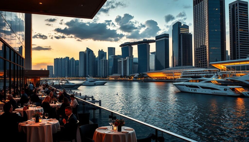 Bustling Marina Bay waterfront, golden-hued twilight casts a warm glow over the scene. Elegant outdoor dining terraces framed by towering skyscrapers, crisp white tablecloths, glimmering stemware, and the silhouettes of diners savoring their meals. Sleek modern architecture contrasts with the natural beauty of the bay, where yachts and private boats bob gently on the calm waters. A panoramic view of the iconic Singapore skyline, with the magnificent Supertree Grove rising in the distance. Soft ambient lighting, a gentle breeze, and the tranquil lapping of waves create a serene, elegant ambiance perfect for an unforgettable dining experience.