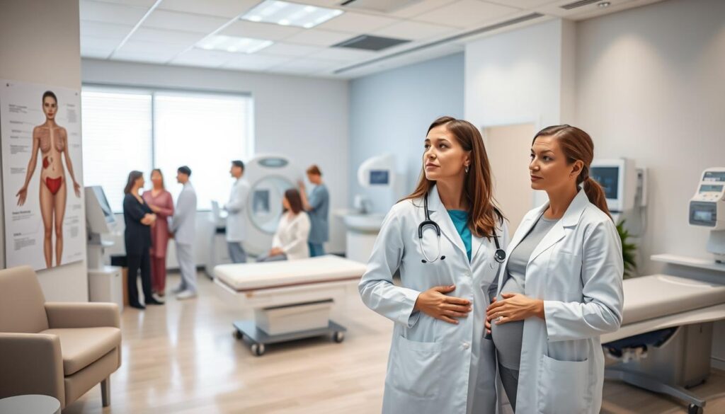 Comprehensive obstetrics and gynaecology services in a modern, well-equipped medical clinic. A bright, airy interior with comfortable examination rooms and state-of-the-art medical equipment. In the foreground, a female doctor in a white lab coat consults with a pregnant patient, gesturing to a large anatomical diagram on the wall. The middle ground features a diverse team of medical professionals, including nurses and technicians, collaborating on patient care. The background showcases the clinic's advanced imaging and treatment capabilities, with sleek diagnostic machines and soothing decor that promotes a sense of wellness and care. Comprehensive obstetrics and gynaecology services in a modern, well-equipped medical clinic. A bright, airy interior with comfortable examination rooms and state-of-the-art medical equipment. In the foreground, a female doctor in a white lab coat consults with a pregnant patient, gesturing to a large anatomical diagram on the wall. The middle ground features a diverse team of medical professionals, including nurses and technicians, collaborating on patient care. The background showcases the clinic's advanced imaging and treatment capabilities, with sleek diagnostic machines and soothing decor that promotes a sense of wellness and care.