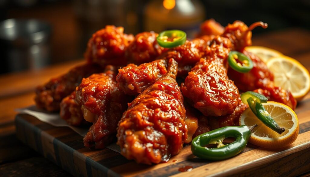 Crispy, golden-brown spicy fried chicken, fresh from the fryer, glistening with a thick, fiery glaze. Tender, juicy meat beneath a delectable crunchy skin, the intense heat balanced by a hint of sweet. Serve the piping hot wings on a wooden board, garnished with fresh sliced chili peppers and lemon wedges. Shot with a shallow depth of field, the dish in focus against a blurred, moody background, warm lighting casting a tantalizing glow.
