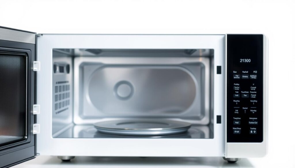 Detailed close-up view of the key features of a modern microwave oven against a clean white background. Prominent in the foreground are the control panel with various buttons, dials, and display screen. In the middle ground, the turntable and interior cavity are clearly visible, showcasing the practical design and size. The background subtly highlights the sleek, minimalist exterior of the appliance, with a slight reflective sheen. The lighting is soft and even, emphasizing the smooth surfaces and distinct components. The overall composition is clean, uncluttered, and focused on highlighting the essential functional elements of a high-quality microwave oven.
