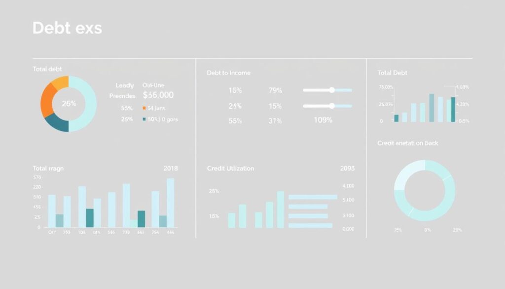 Detailed financial profile of a person's debt situation, with a focus on key metrics such as total debt, debt-to-income ratio, and credit utilization. The image should have a neutral, analytical tone, with clean, minimalist design elements that convey a sense of precision and financial diligence. Depict the data in a clear, easy-to-understand visual format, such as charts, graphs, or infographics. Utilize a muted color palette of grays, blues, and greens to create a professional, institutional aesthetic. The composition should be balanced and symmetrical, with ample negative space to enhance readability. Subtle lighting and a slightly elevated camera angle will lend an authoritative, objective feel to the overall scene.