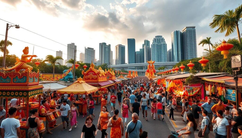 Festivals and events in Singapore: a vibrant tapestry of color, culture, and celebration. In the foreground, a lively street parade with ornate floats, energetic dancers, and the rhythmic beats of traditional drums. In the middle ground, bustling crowds gathered around vibrant market stalls, sampling local delicacies and browsing handcrafted goods. In the background, the iconic skyline of Singapore's modern cityscape, a harmonious blend of old and new. Warm, golden lighting illuminates the scene, capturing the festive atmosphere and the joy of shared experiences. A wide-angle lens showcases the grand scale and energy of these beloved Singaporean events.