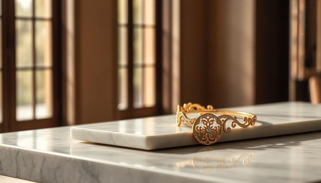 Intricate golden filigree adorns the sleek, minimalist form of a contemporary jewelry piece, resting on a polished marble surface. Soft, diffused natural light filters through large windows, casting a warm glow over the scene. In the background, a muted color palette of earthy tones and subtle textures evokes a sense of timeless elegance. The composition seamlessly blends traditional craftsmanship techniques with a modern, refined aesthetic, showcasing the harmonious fusion of the old and the new.