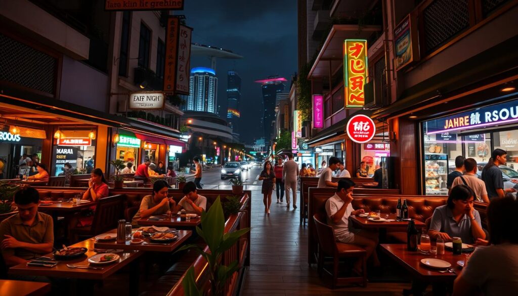 Late-night dining in Singapore, a vibrant cityscape aglow with neon lights and bustling eateries. In the foreground, a cozy, intimate restaurant setting with plush leather seating, polished wooden accents, and a smattering of potted plants, creating a warm, inviting ambiance. Patrons enjoy a variety of local delicacies, from spicy laksa to flavorful char kway teow, illuminated by a soft, amber lighting that casts a serene glow. The middle ground showcases the lively street life, with pedestrians strolling past brightly lit shop fronts and the occasional passing vehicle. In the background, the iconic Singapore skyline, a blend of modern high-rises and historic architecture, creates a stunning, picturesque backdrop. The overall atmosphere is one of relaxation, indulgence, and the quintessential Singaporean experience of late-night dining.