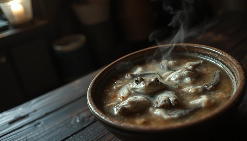 Late-night frog porridge simmering in a dimly lit kitchen. Earthy, steaming broth gently bubbling, flecked with tender frog meat and fragrant herbs. Soft, soothing textures in a rustic ceramic bowl, illuminated by the warm glow of a single overhead light. Wooden table, worn and weathered, set against a backdrop of shadowy corners, hinting at the tranquil solitude of a late-night supper. Captured with a shallow depth of field, the image evokes a sense of comforting intimacy, inviting the viewer to savor the humble, nourishing delights of this Singaporean culinary tradition. Late-night frog porridge simmering in a dimly lit kitchen. Earthy, steaming broth gently bubbling, flecked with tender frog meat and fragrant herbs. Soft, soothing textures in a rustic ceramic bowl, illuminated by the warm glow of a single overhead light. Wooden table, worn and weathered, set against a backdrop of shadowy corners, hinting at the tranquil solitude of a late-night supper. Captured with a shallow depth of field, the image evokes a sense of comforting intimacy, inviting the viewer to savor the humble, nourishing delights of this Singaporean culinary tradition.