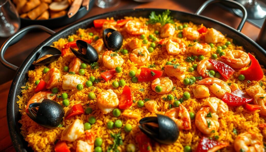 Lobster paella, a vibrant masterpiece of the Mediterranean. A golden saffron-infused rice bed, dotted with succulent lobster chunks, juicy shrimp, and briny mussels. Garnished with bright green peas, vibrant red peppers, and fragrant herbs. The scene is illuminated by warm, natural lighting, casting a cozy glow over the dish. Captured from a high angle, the paella fills the frame, its textures and colors inviting the viewer to savor every bite. The atmosphere exudes the lively spirit of a traditional Spanish tapas bar, where the aroma of sizzling seafood and the sounds of lively conversation create a truly immersive dining experience.