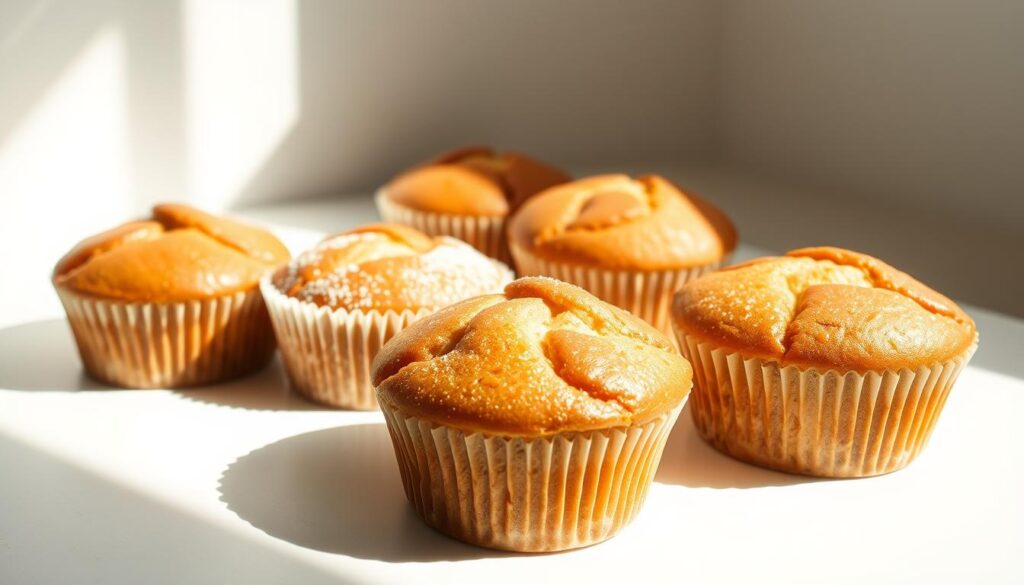 Mouthwatering halal-certified muffins, freshly baked with a golden crust and a light, fluffy interior. The muffins are arranged artfully on a clean, white surface, casting soft shadows. Warm natural lighting filters in from the side, highlighting the delicate texture and vibrant colors of the muffins. Each one is adorned with a glistening glaze or a sprinkle of powdered sugar, creating an inviting and appetizing display. The background is a minimalist, neutral tone, allowing the muffins to take center stage and shine. The overall composition exudes a sense of quality, craftsmanship, and attention to detail, perfectly capturing the essence of "Halal-Certified Muffin Heaven".