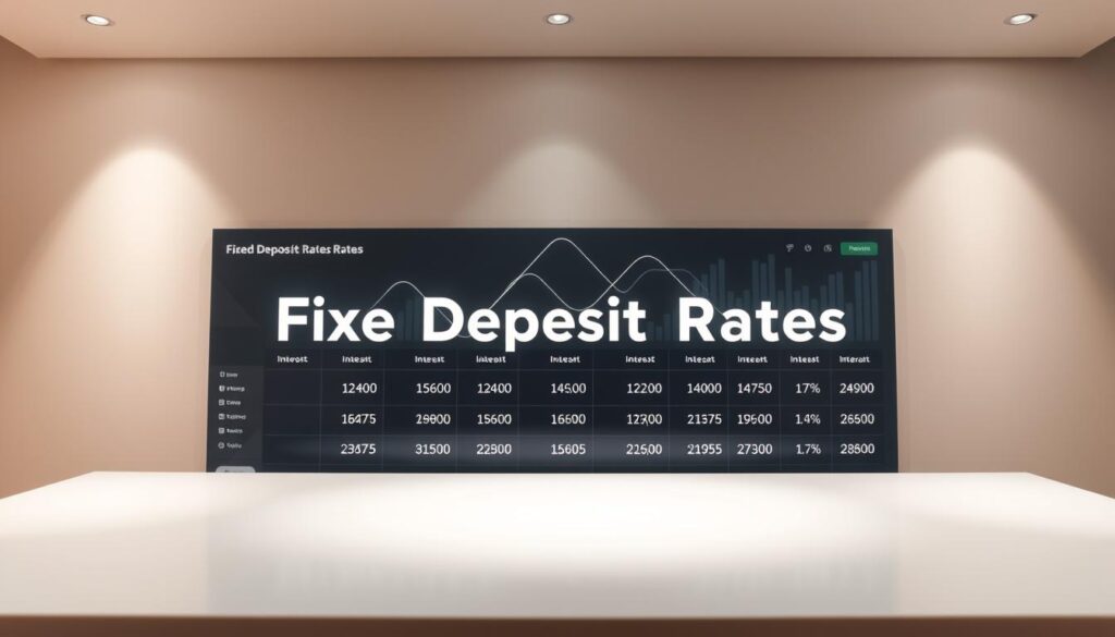 Prompt A luminous display of fixed deposit rates, showcasing a sleek, modern financial dashboard. In the foreground, a clean table presents the latest interest rates, meticulously organized and highlighted with a soft, elegant glow. The middle ground features geometric shapes and lines, subtly hinting at the mathematical precision underlying these financial products. The background is a minimalist, neutral palette, allowing the focal point of the rates to take center stage, creating a sense of clarity and professionalism. The lighting is soft and diffused, casting a warm, inviting ambiance, while the camera angle is slightly elevated, giving the viewer a sense of authority and trust in the information presented.