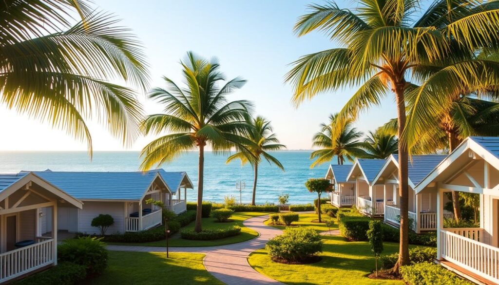 Seafront chalets nestled in lush greenery at the Civil Service Club, Changi II. A serene coastal setting with rows of charming, well-appointed bungalows overlooking the tranquil waters. Warm, golden sunlight filters through swaying palm fronds, casting a soft glow across the pristine white facades. Manicured pathways wind between the chalets, inviting visitors to explore the picturesque grounds. In the distance, the azure horizon blends seamlessly with the calm, shimmering sea. An idyllic retreat, perfect for a relaxing getaway surrounded by nature's beauty.