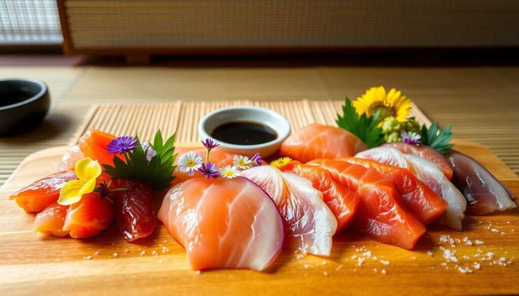 Seasonal sashimi arranged artfully on a wooden serving board, with a focus on the vibrant colors and textures of the fresh fish. In the foreground, a selection of sashimi slices including fatty tuna, yellowtail, and salmon, accented by delicate edible flowers and a scattering of sea salt. In the middle ground, a bamboo mat and a small ceramic dish of soy sauce and wasabi. The background is a minimalist, natural-toned setting, perhaps a tatami mat or wooden table, creating a serene and elegant atmosphere. The lighting is soft and natural, highlighting the sheen of the fish and the vibrant hues. The overall mood is one of simplicity, freshness, and appreciation for the seasonal flavors of the sea.