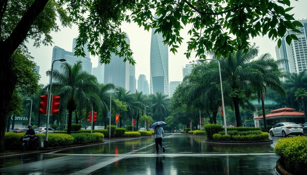 Singapore monsoon season, a vibrant display of nature's power. A bustling city skyline, shrouded in a hazy, rain-soaked atmosphere. Towering skyscrapers peek through the misty curtain, their reflections rippling in the puddle-dotted streets below. Lush, verdant foliage sways gently, droplets cascading from the leaves. A lone figure, umbrella in hand, navigates the glistening sidewalks, unfazed by the gentle patter of the rain. The scene is alive with the energy of a city embracing the cyclical rhythm of the tropics, where the monsoon season brings a refreshing respite and a renewed vitality to the landscape.