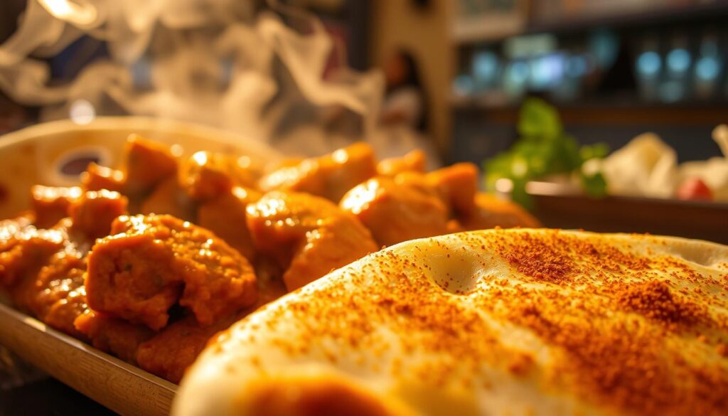 Steaming, aromatic butter chicken on a naan backdrop, warm lighting illuminating the richly spiced sauce, glistening with ghee. In the foreground, a large piece of fresh, golden naan, its fluffy interior peeking through. Zaffron Kitchen's signature spice blend dusts the naan, complementing the tender chicken. A slight blur in the background suggests the bustling, cozy atmosphere of the restaurant. Captured with a shallow depth of field, the image draws the eye to the star of the dish - the perfectly cooked, succulent butter chicken.
