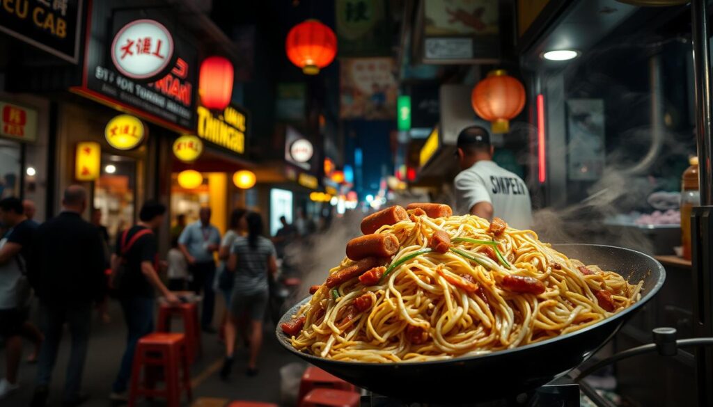 Steaming plate of char kway teow, freshly stir-fried with thick rice noodles, Chinese sausage, bean sprouts, and a hint of wok-char. Vibrant colors pop against a dimly lit, gritty street scene in Singapore's historic Chinatown. Hawker stall in the foreground, bustling with activity as the chef expertly tosses the noodles in a blazing hot wok. Ambient lighting from hanging lanterns and storefront signs casts a warm, atmospheric glow. Street vendors and pedestrians weave through the frame, capturing the lively energy of this beloved local delicacy.