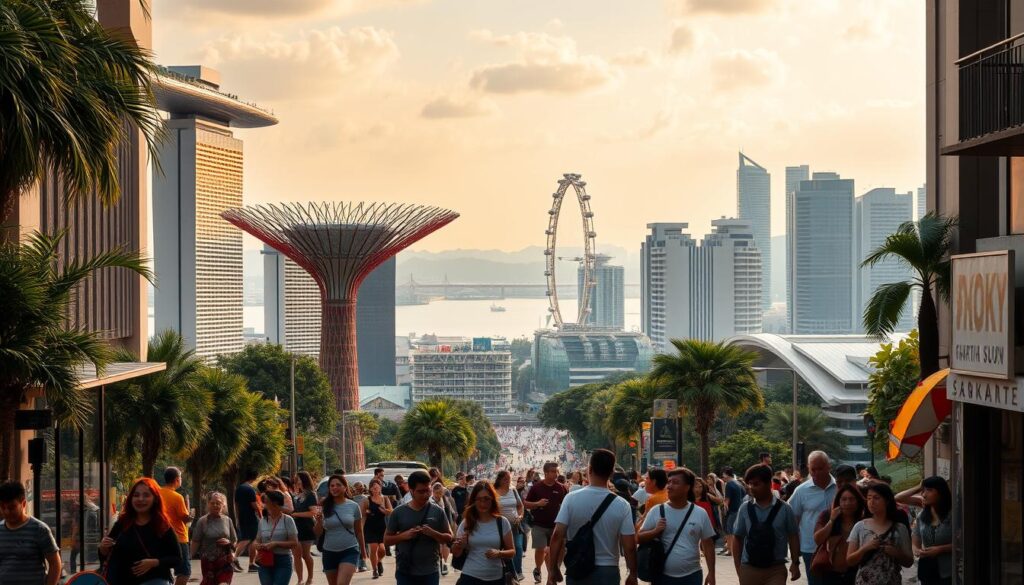 Vivid and colorful cityscape of Singapore's iconic landmarks, including the Marina Bay Sands, Supertree Grove, and the Singapore Flyer. In the foreground, a group of tourists exploring the bustling streets, admiring the striking architecture and lush greenery. Midground features locals going about their daily lives, highlighting the vibrant multicultural atmosphere. The background showcases the harbor and distant skyscrapers bathed in warm, golden sunlight, creating a serene and inviting ambiance. The overall scene conveys the dynamism, modernity, and cultural richness that make Singapore a must-visit destination.